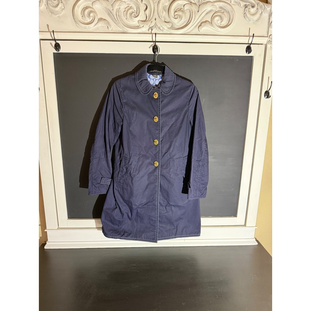 Coach Navy Blue Trench Coat‎ Gold Buttons Lined Women Size 4